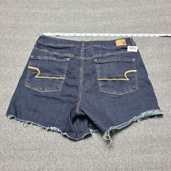 American Eagle Womens Jeans Shorts 14 Blue Super Stretch Distressed Hot Mom Boho - Picture 7 of 8